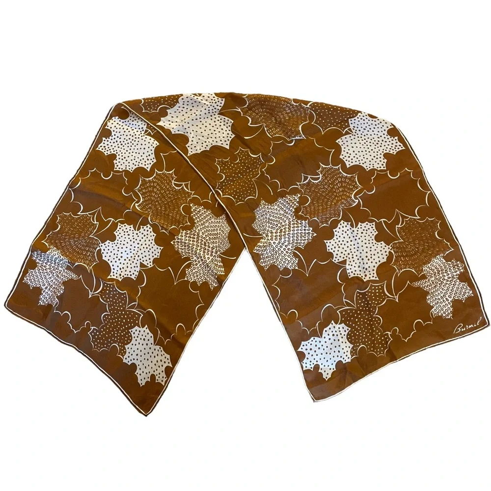 Burmel Vintage Silk Scarf Maple Leaf Brown Beige Hand Rolled Autumn Fall Canada